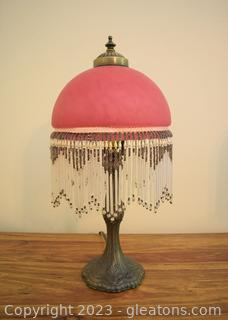 Victorian Frosted Rose Glass -  Beaded Fringe Lamp [Upstairs]
